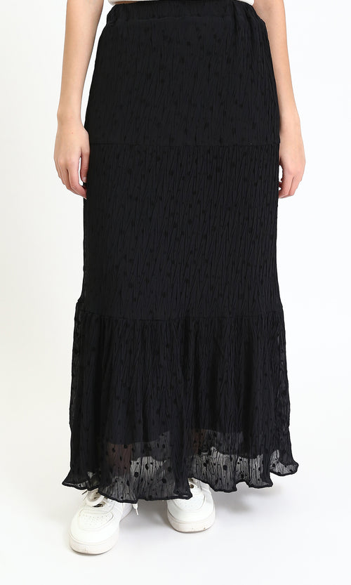 Elastic Waist Slip On Dotted Skirt - Black