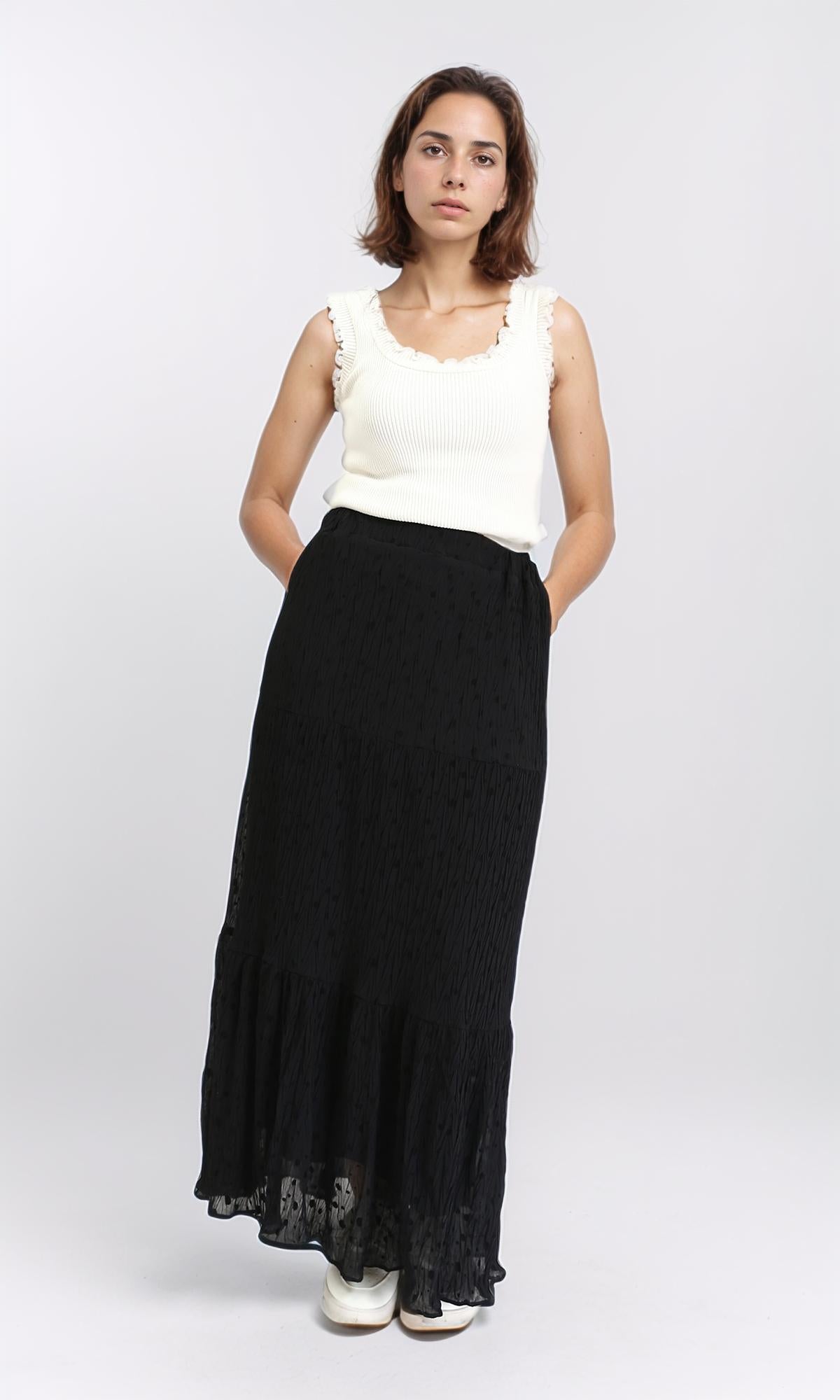 R212091 - Elastic Waist Slip On Dotted Skirt - Black
