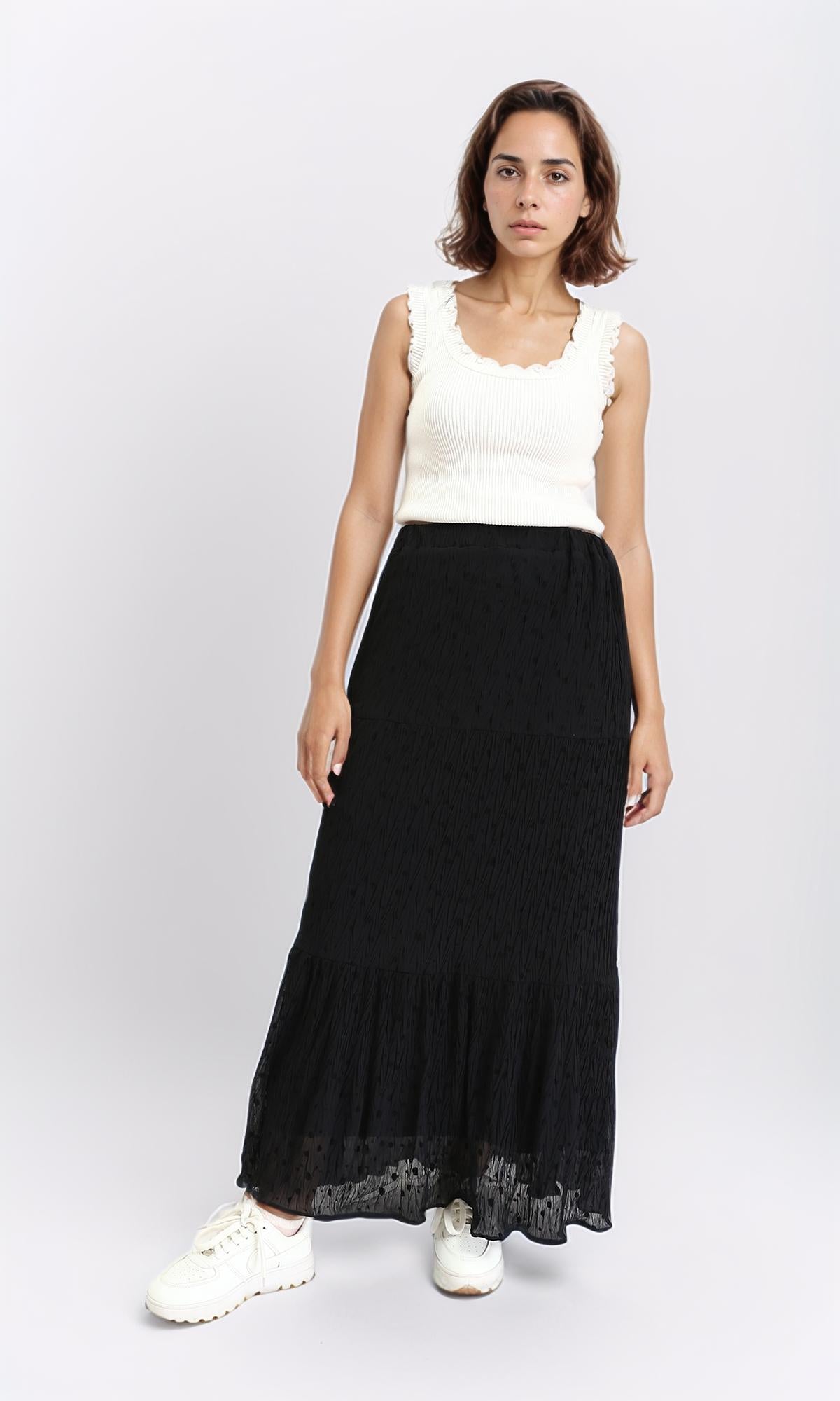 R212091 - Elastic Waist Slip On Dotted Skirt - Black
