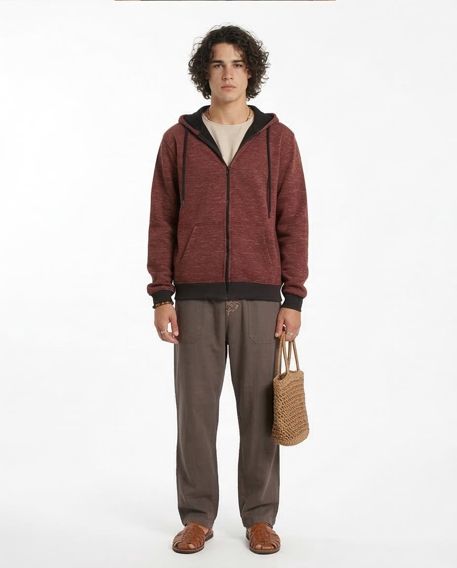 Ravin Men’s Space-Dye Zip-Up Hoodie with Contrast Trim – Burgundy/Black - R212098