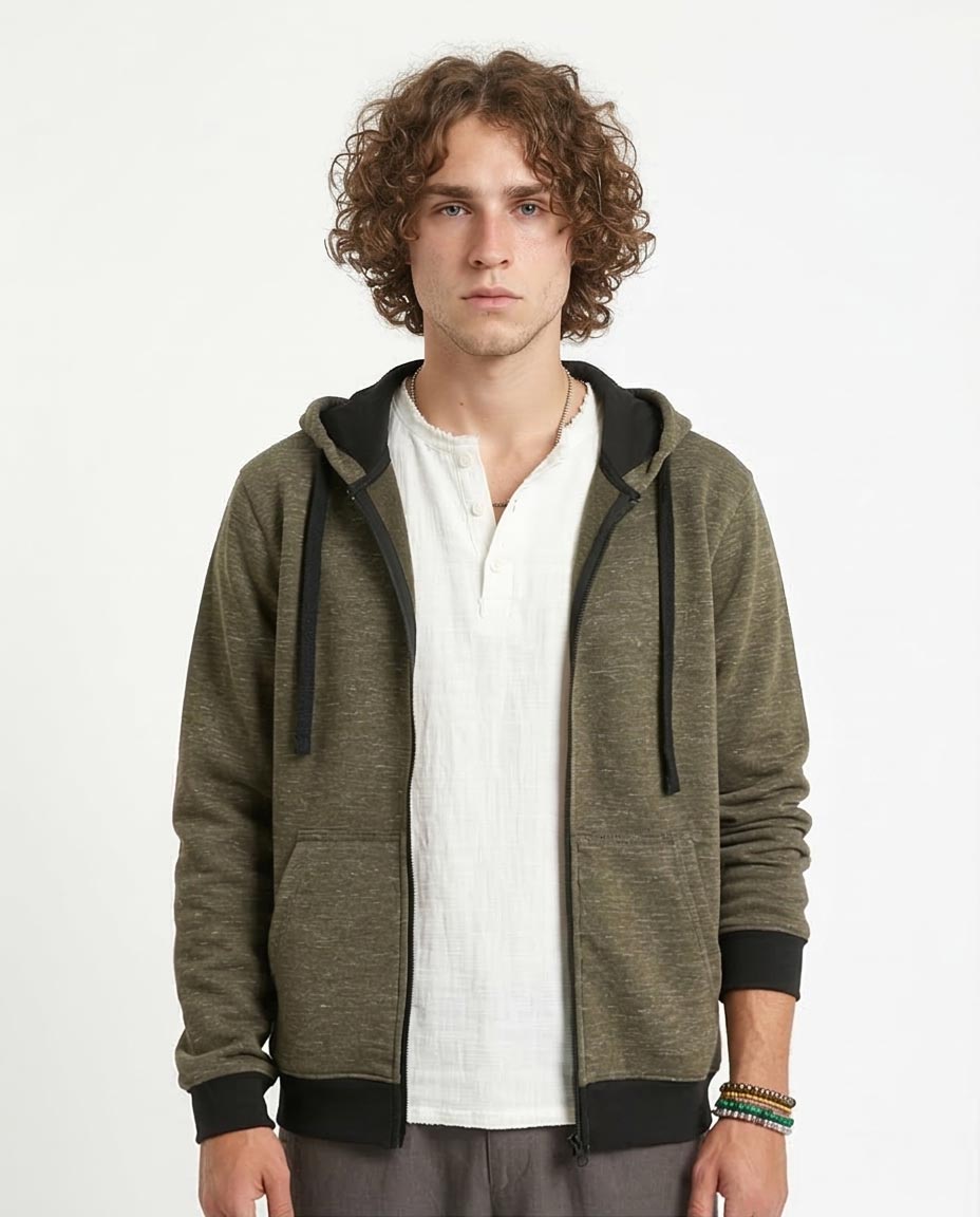Men's Marled Zip-Up Hoodie with Contrast Ribbing - Olive