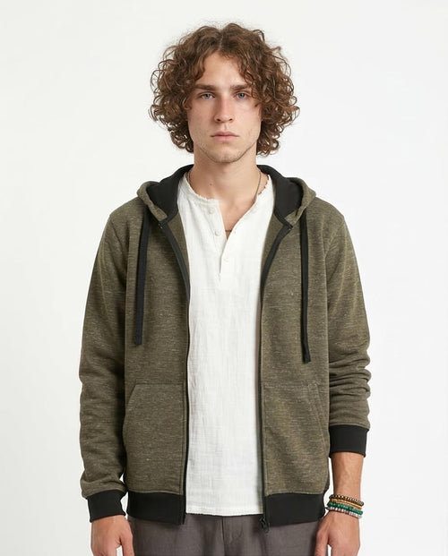 Men's Marled Zip-Up Hoodie with Contrast Ribbing - Olive