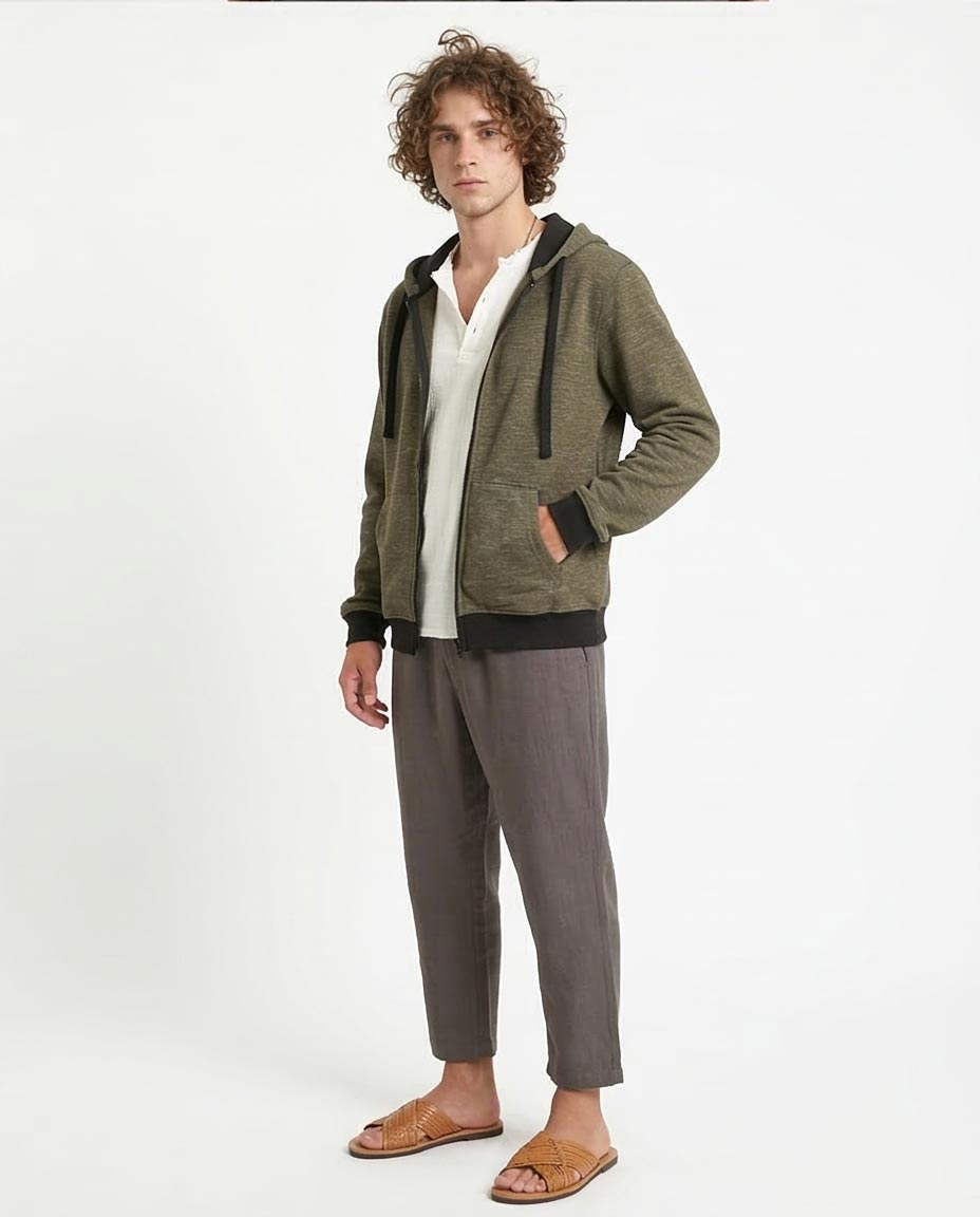 Ravin Men’s Marled Zip-Up Hoodie with Contrast Ribbing – Olive - R212099