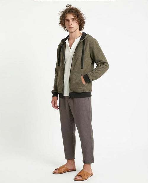 Ravin Men’s Marled Zip-Up Hoodie with Contrast Ribbing – Olive - R212099