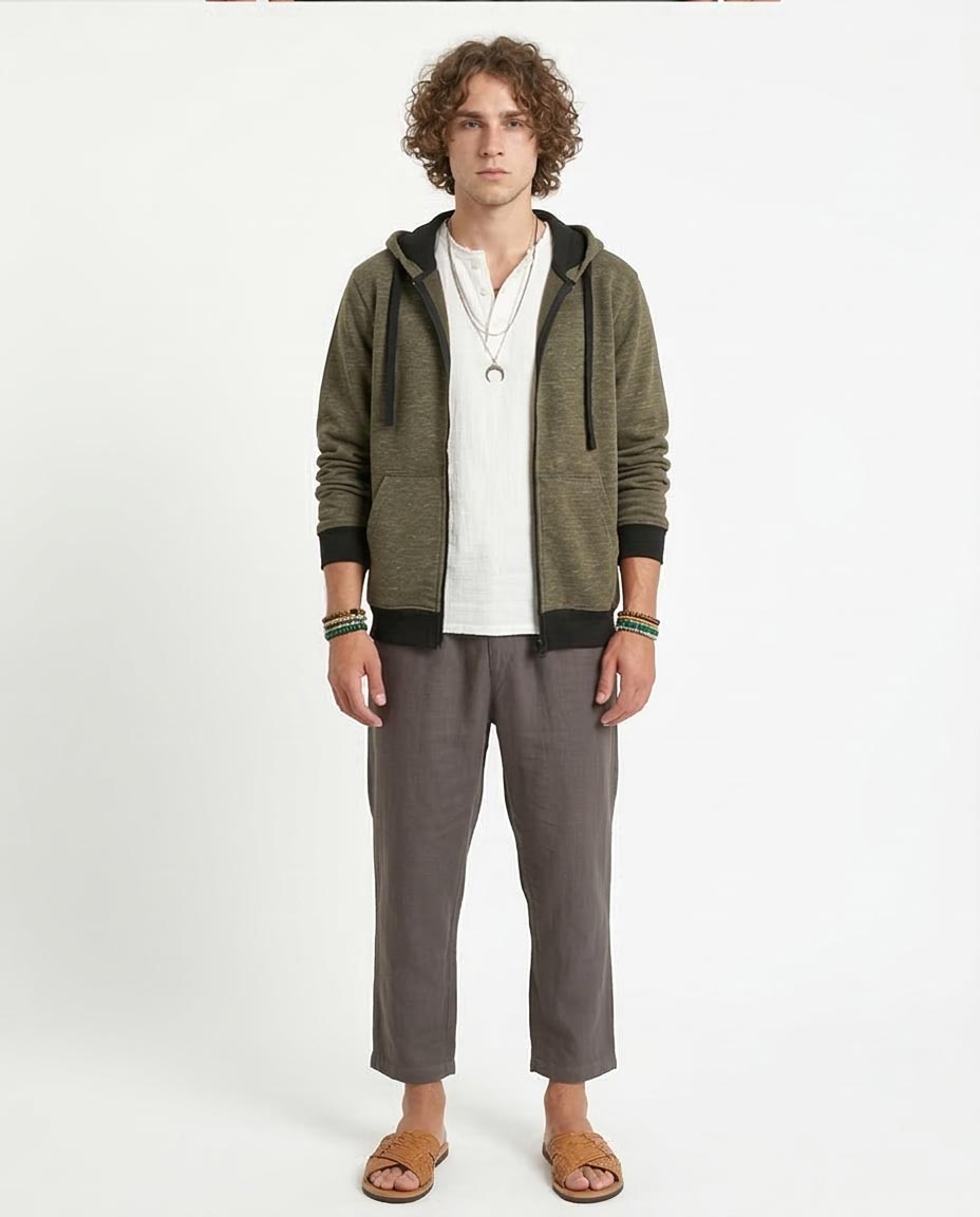 Ravin Men’s Marled Zip-Up Hoodie with Contrast Ribbing – Olive - R212099