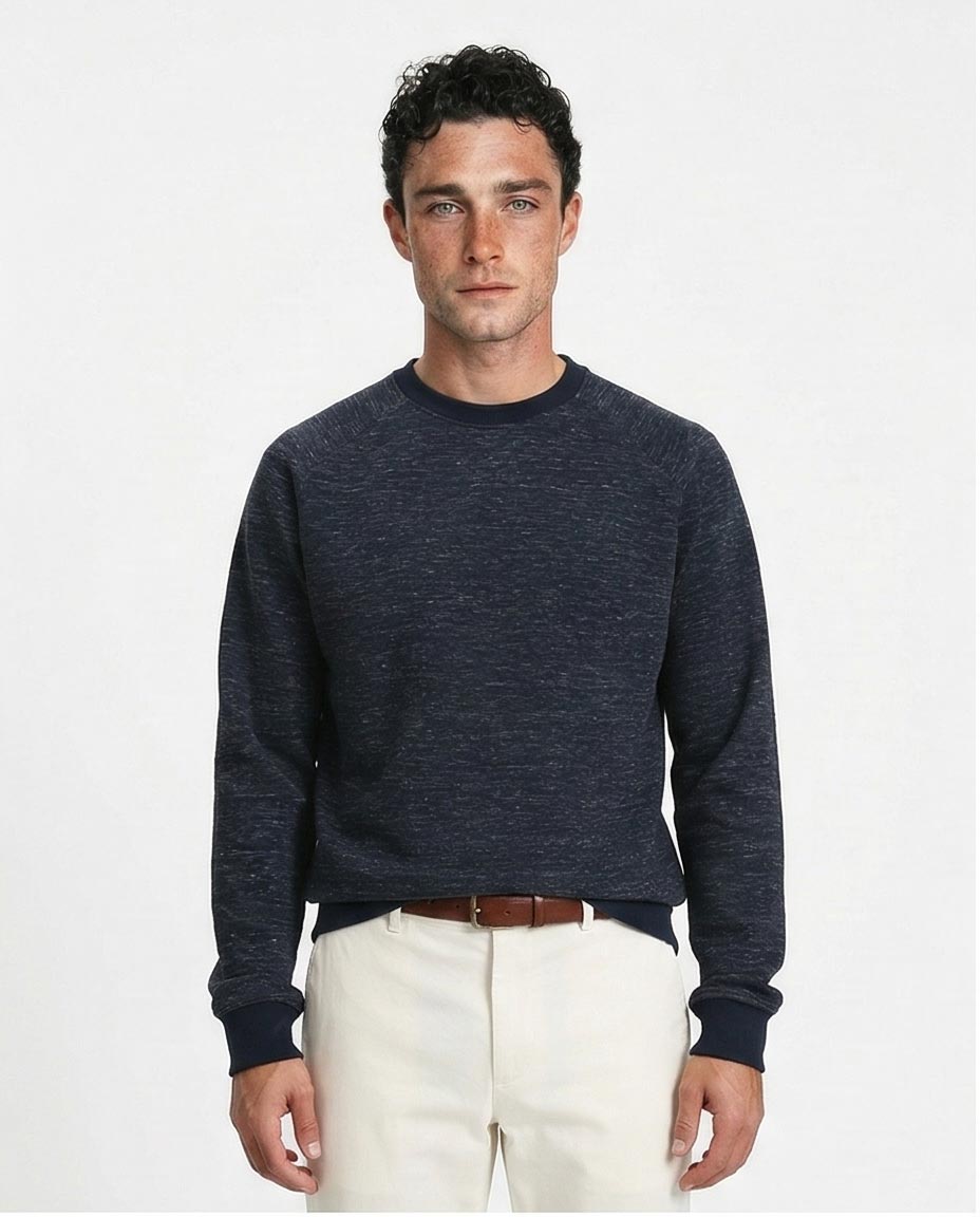 Men's Heathered Raglan-Sleeve Navy Sweatshirt - Premium Textured Knit