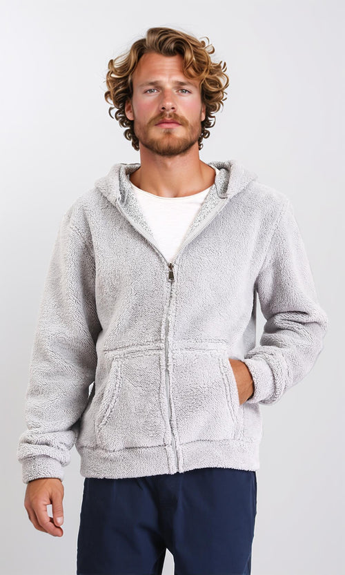 Zipped Fur Sweatshirt with Front Pockets - Light Grey
