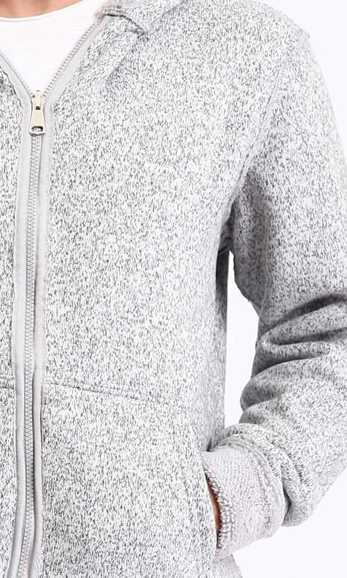 R212107 - Zipped Fur Sweatshirt with Front Pockets - Light Grey