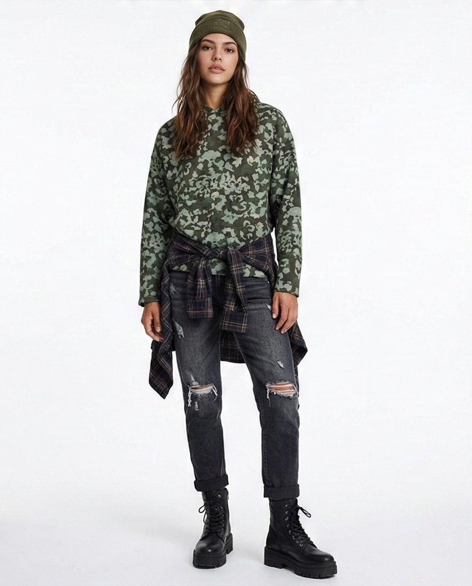 R212110 - Long Sleeves Patterned Winter Hoodie - Mint & Olive