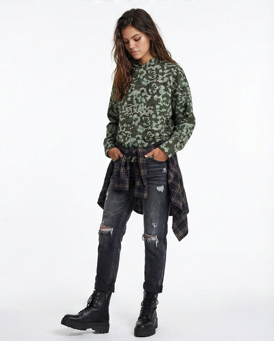 R212110 - Long Sleeves Patterned Winter Hoodie - Mint & Olive
