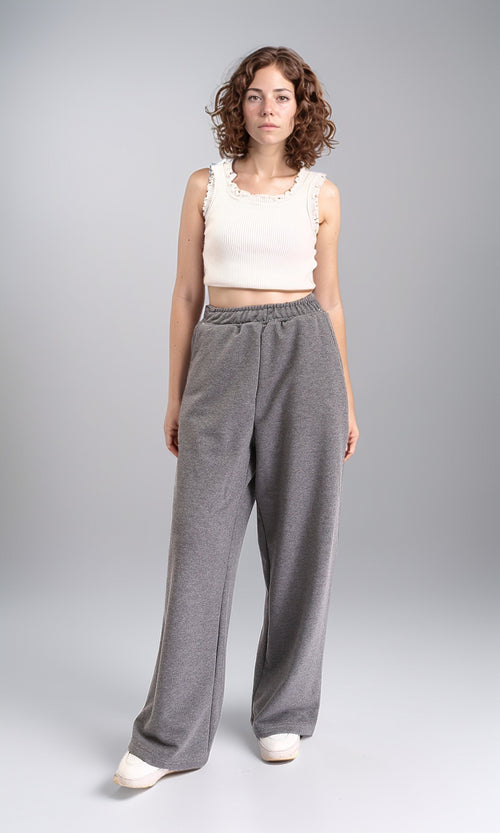 R212112 - Wide Leg Pants with Elastic Waist - Heather Medium Grey