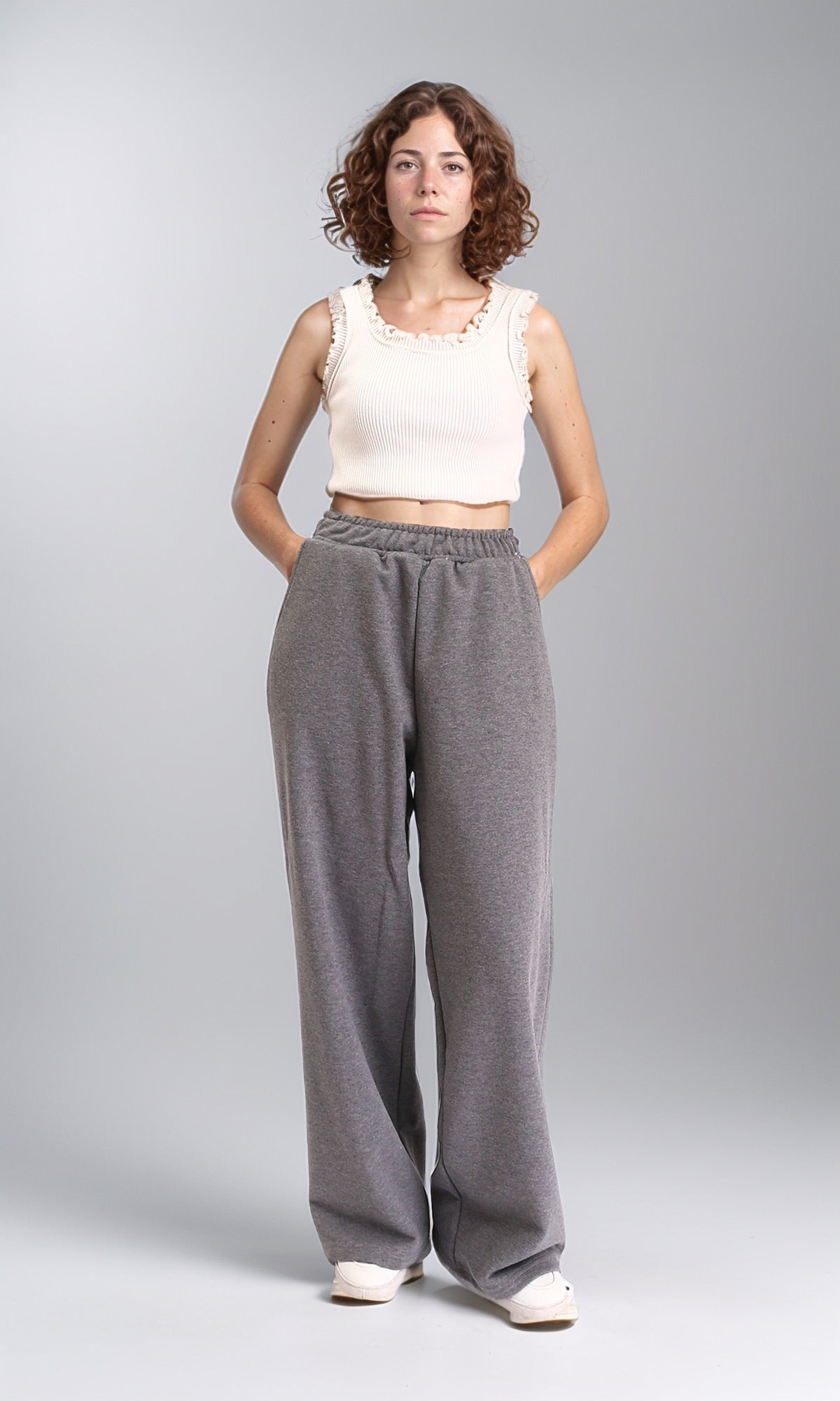 R212112 - Wide Leg Pants with Elastic Waist - Heather Medium Grey
