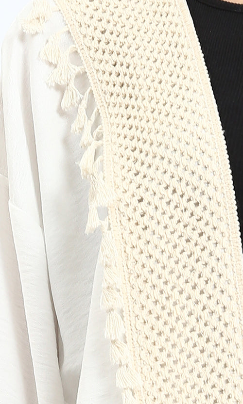 Women's Cream Textured Crochet-Trim Open Cardigan