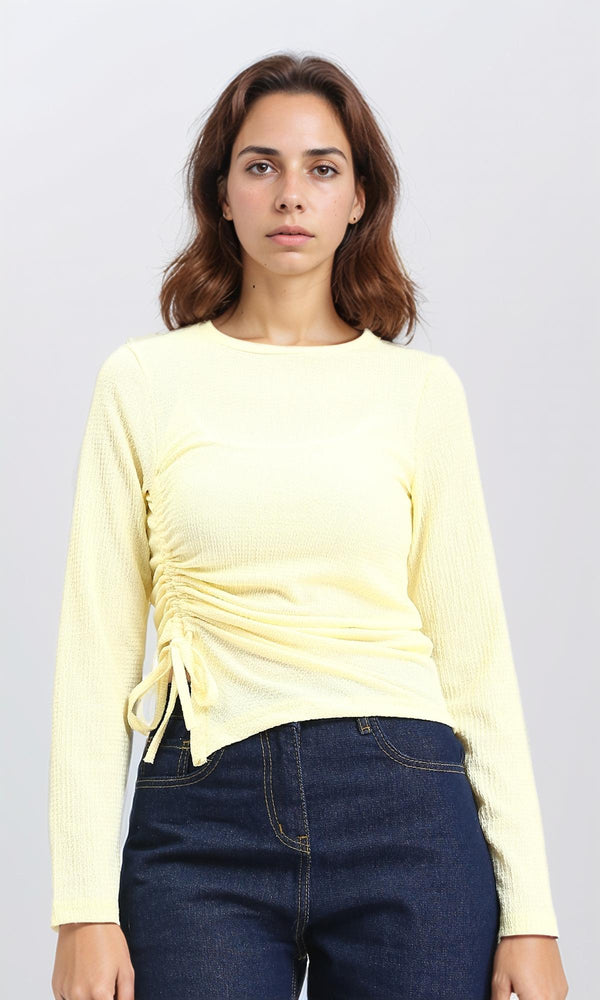 R212114 - Long Sleeves Textured Top with Drawstring - Yellow