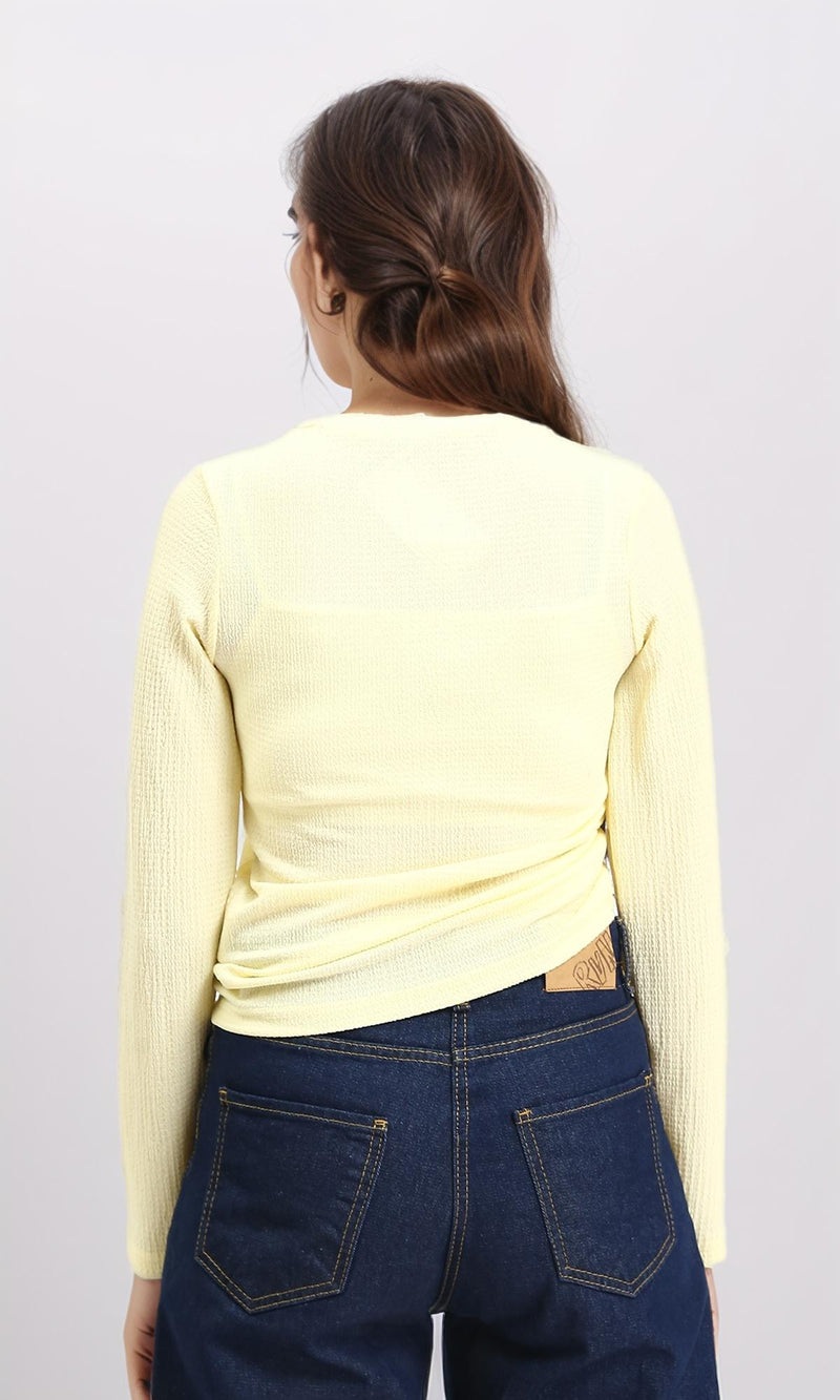R212114 - Long Sleeves Textured Top with Drawstring - Yellow