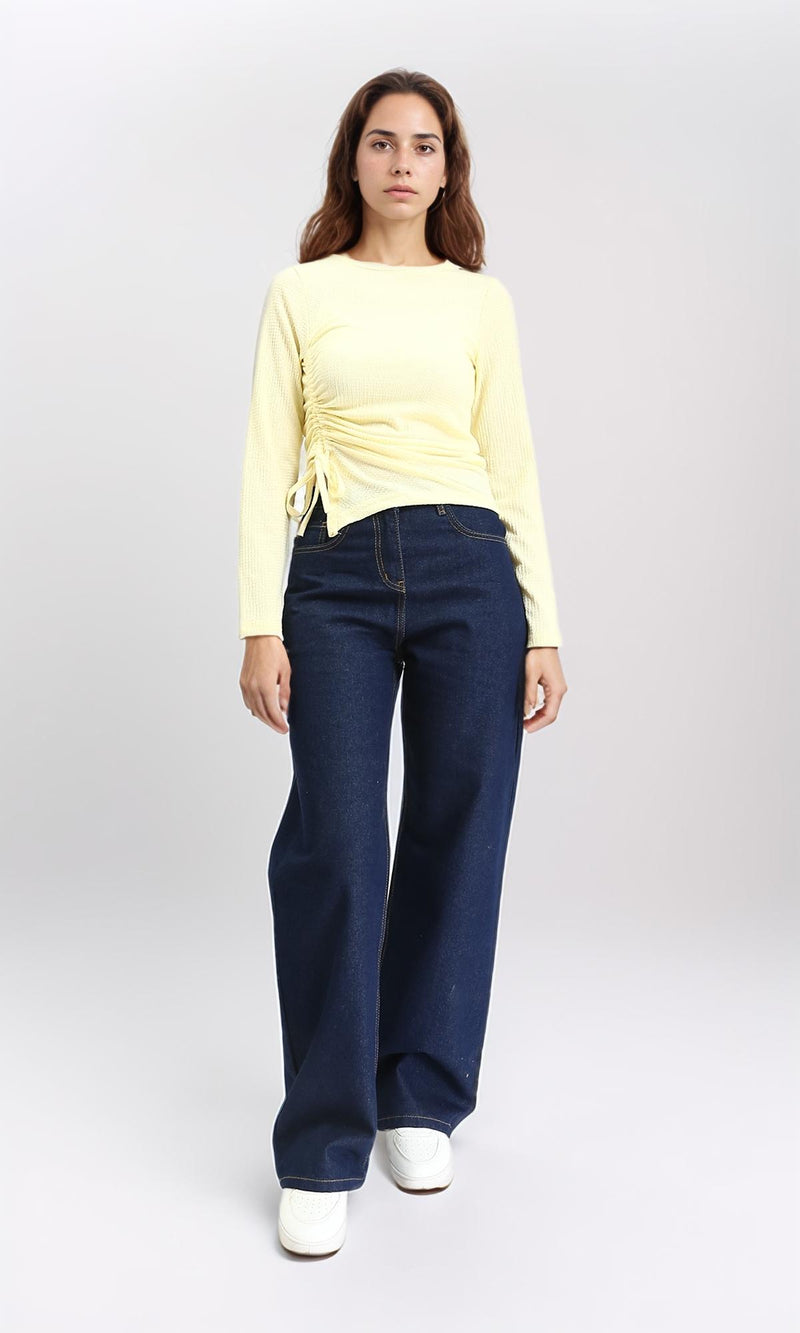 R212114 - Long Sleeves Textured Top with Drawstring - Yellow