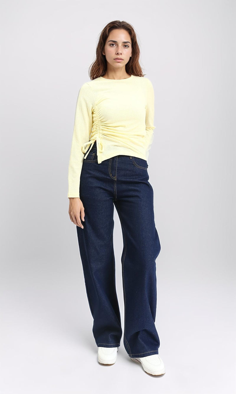 R212114 - Long Sleeves Textured Top with Drawstring - Yellow