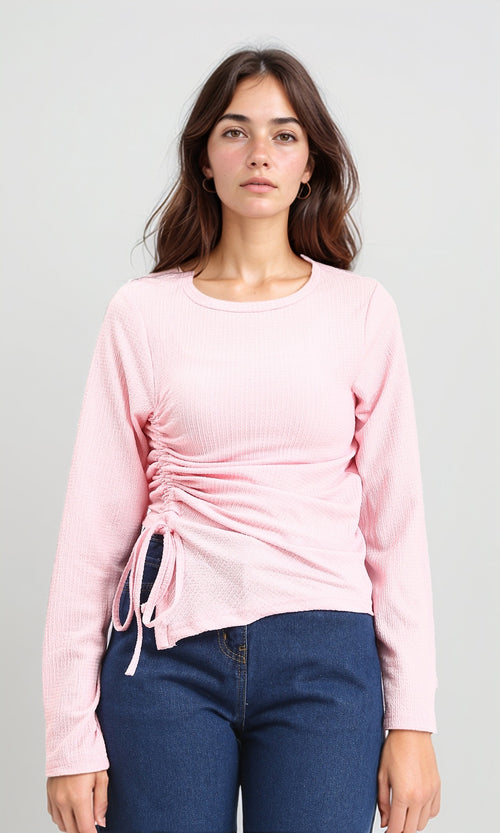 R212116 - Long Sleeves Textured Top with Drawstring - Light Coral