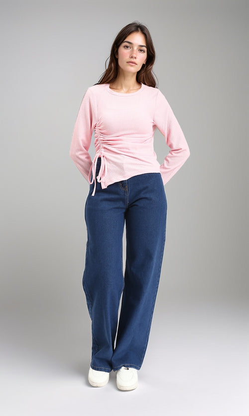 R212116 - Long Sleeves Textured Top with Drawstring - Light Coral