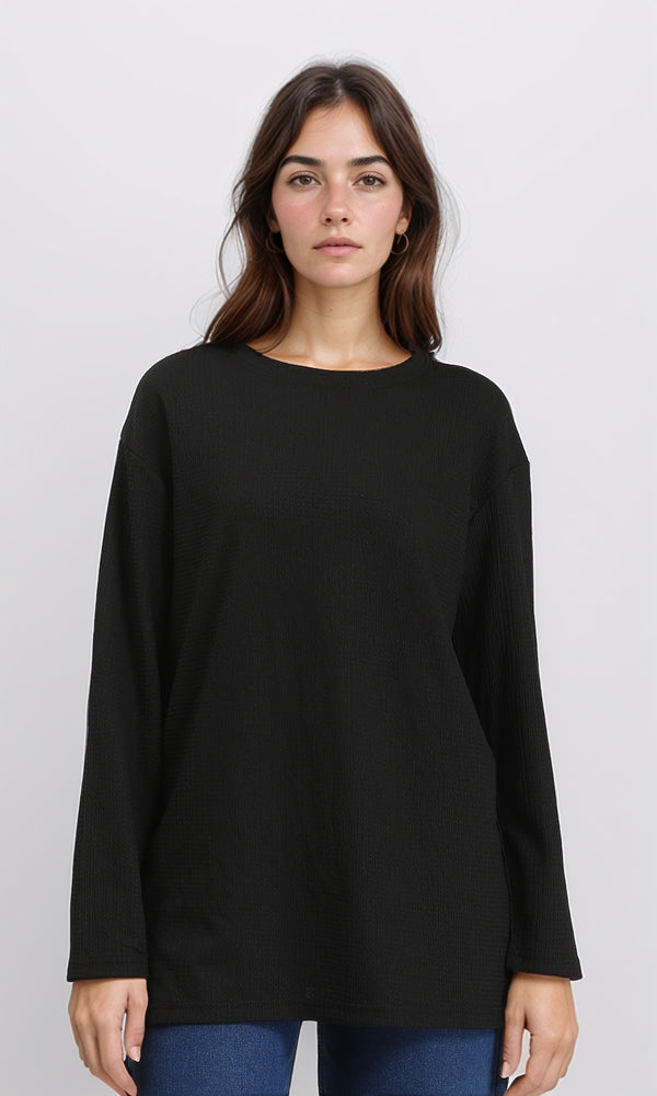 R212117 - Long Sleeves Slip On Long Blouse - Black