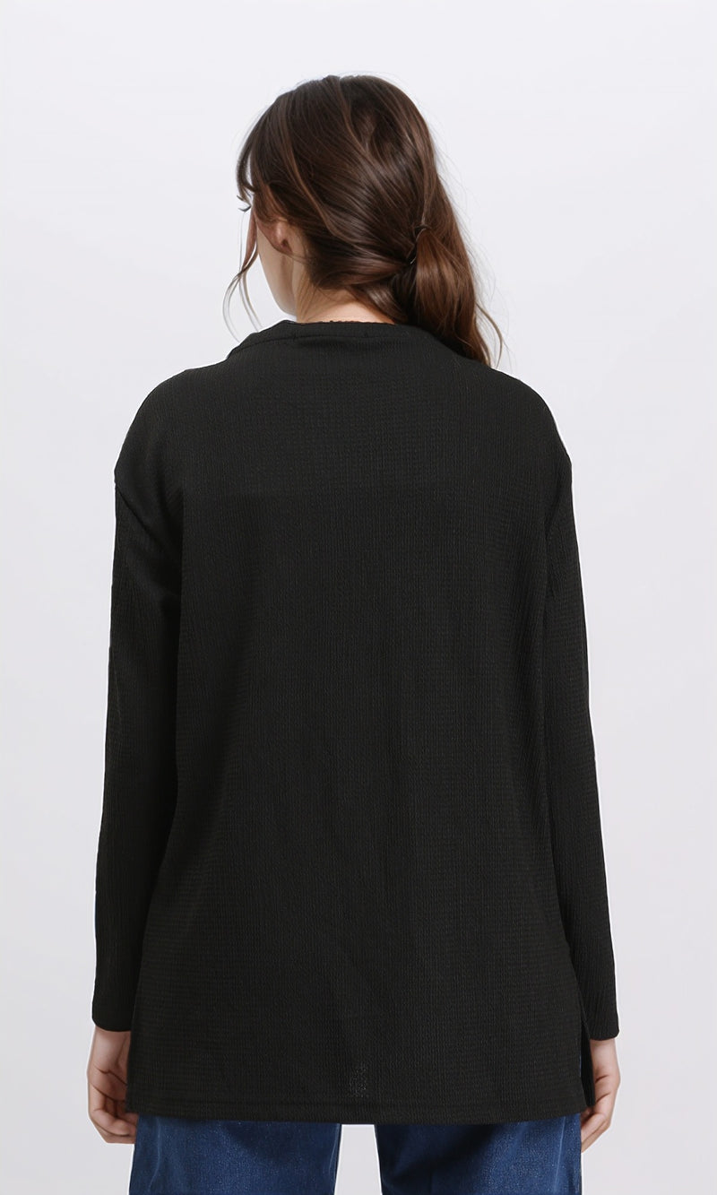 R212117 - Long Sleeves Slip On Long Blouse - Black