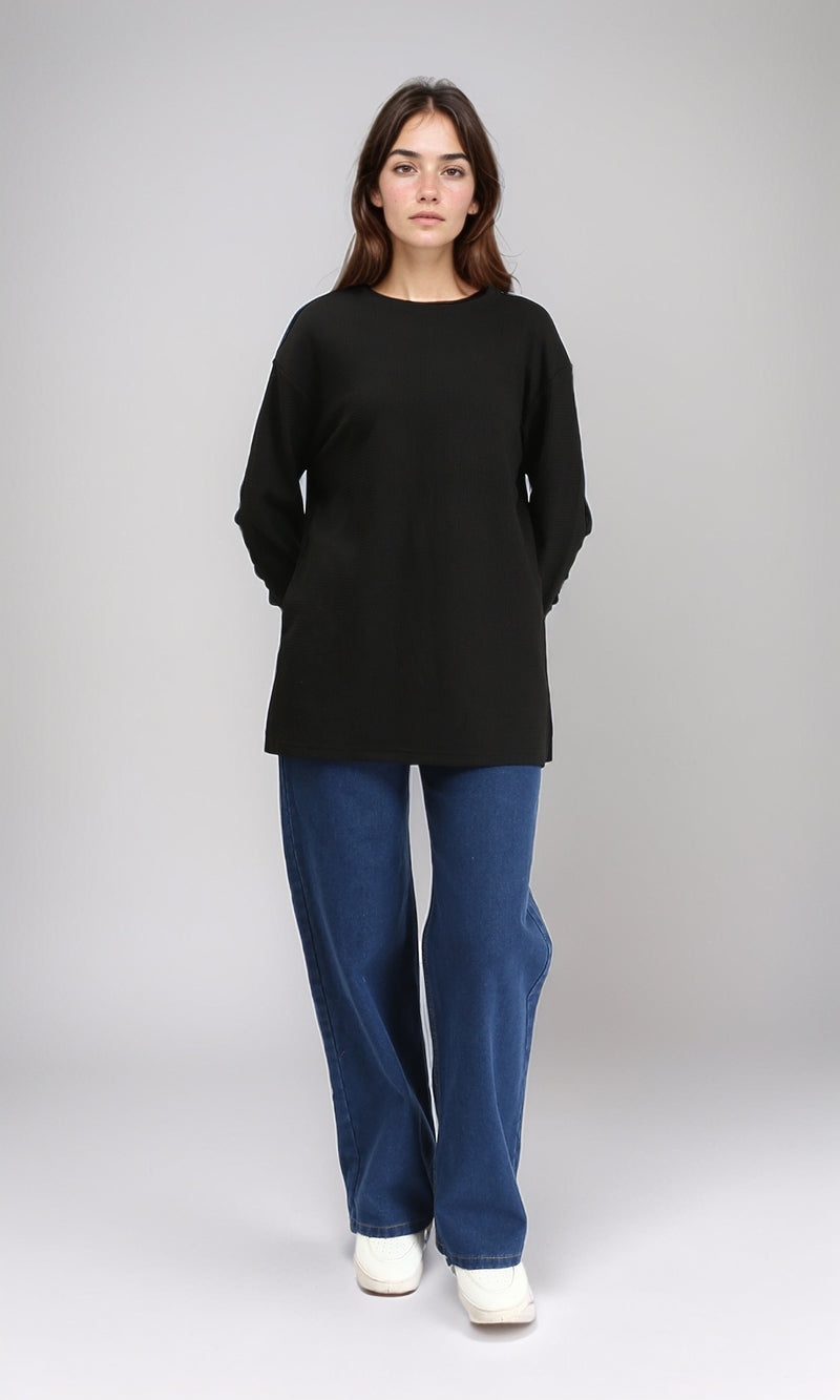 R212117 - Long Sleeves Slip On Long Blouse - Black