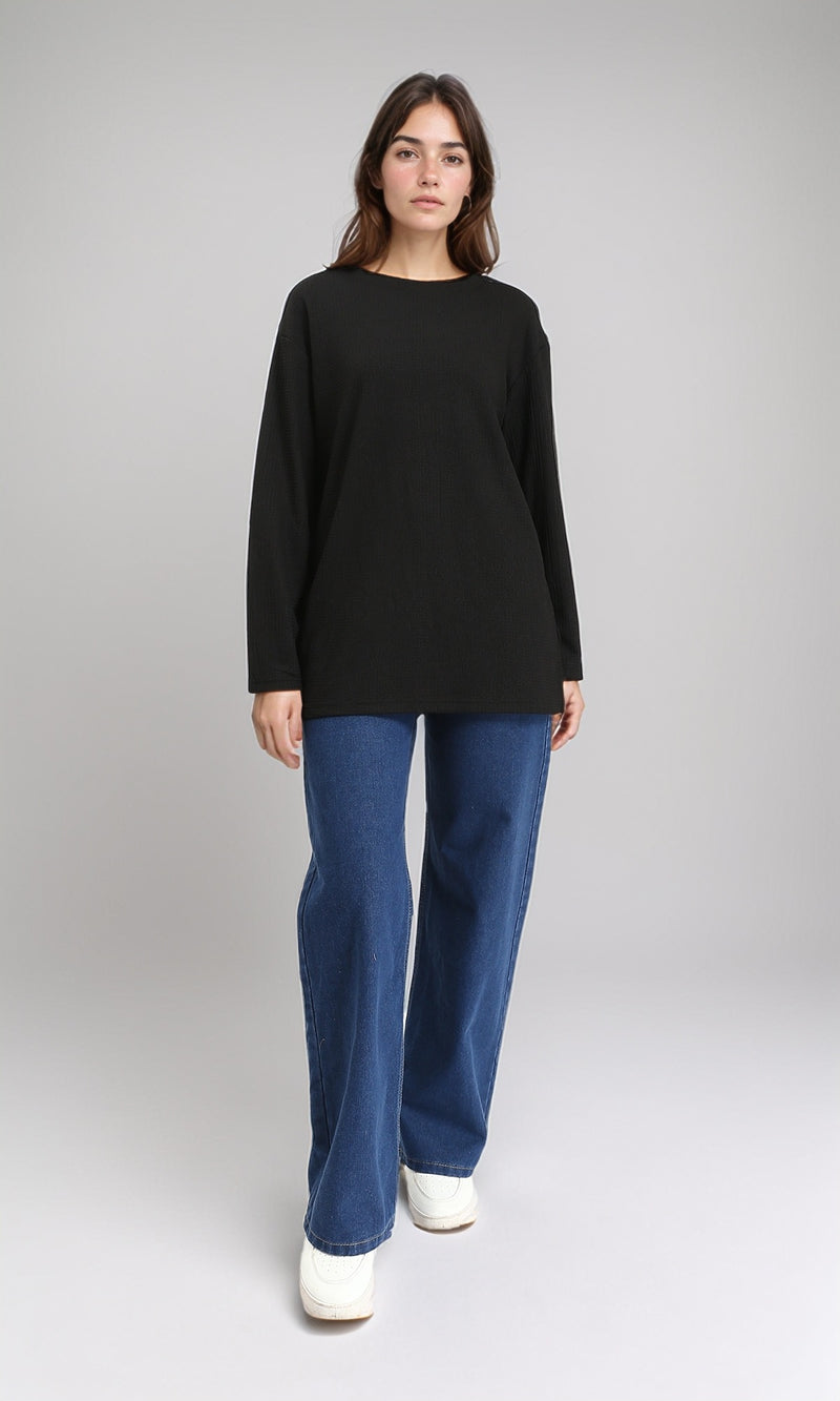 R212117 - Long Sleeves Slip On Long Blouse - Black