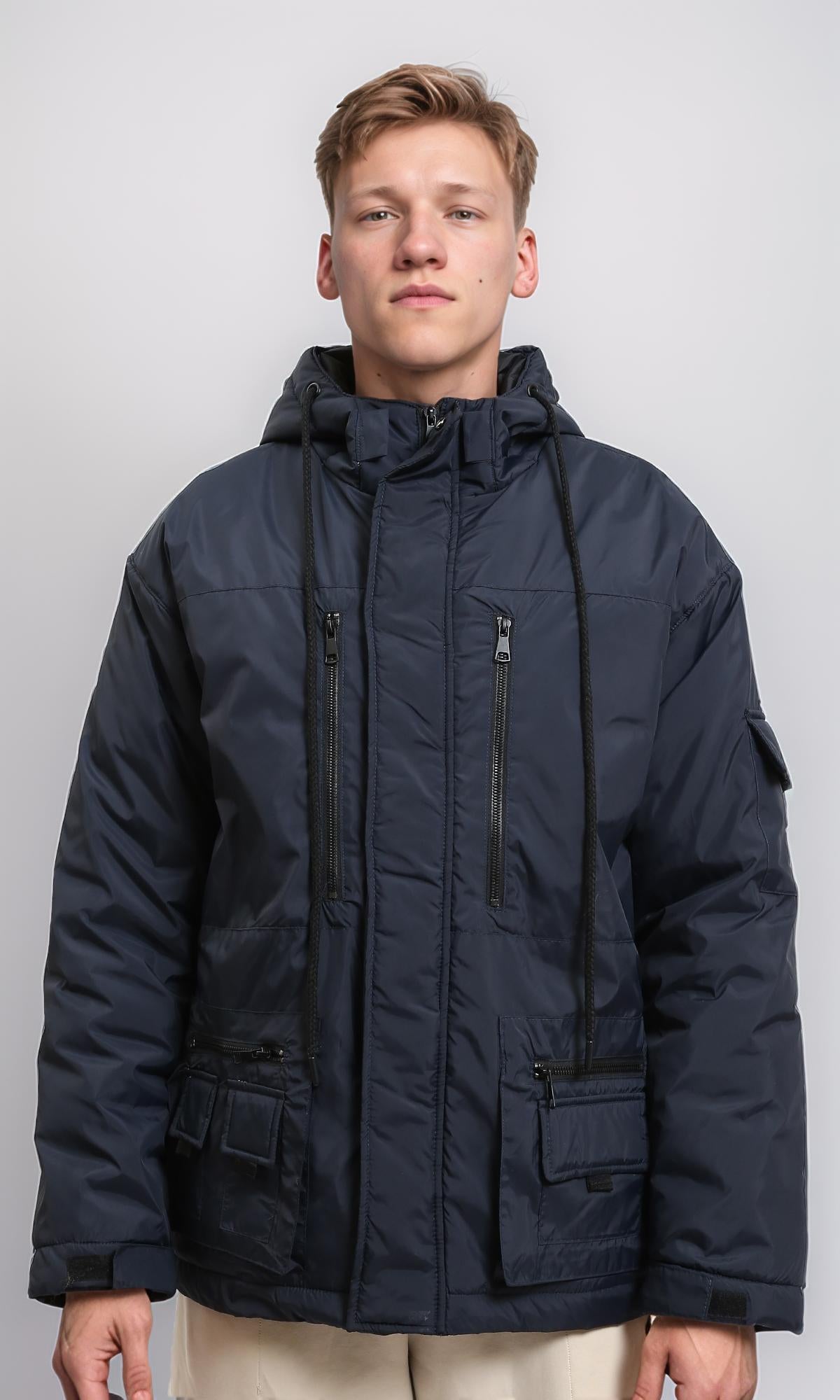Hooded Neck with Drawstring Bomber Jacket - Dark Navy Blue