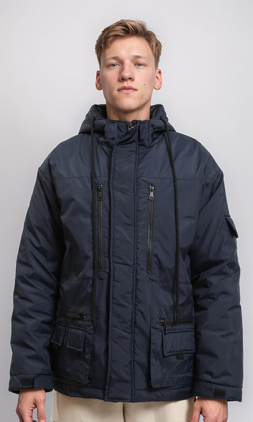 R212159 - Hooded Neck with Drawstring Bomber Jacket - Dark Navy Blue