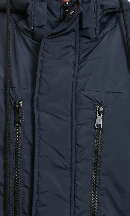 R212159 - Hooded Neck with Drawstring Bomber Jacket - Dark Navy Blue