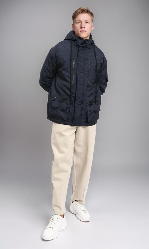 R212159 - Hooded Neck with Drawstring Bomber Jacket - Dark Navy Blue