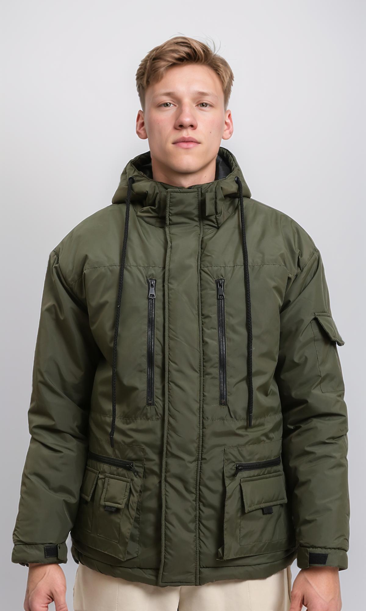 Dark Army Hooded Bomber Jacket - Drawstring Polyester Coat for Men