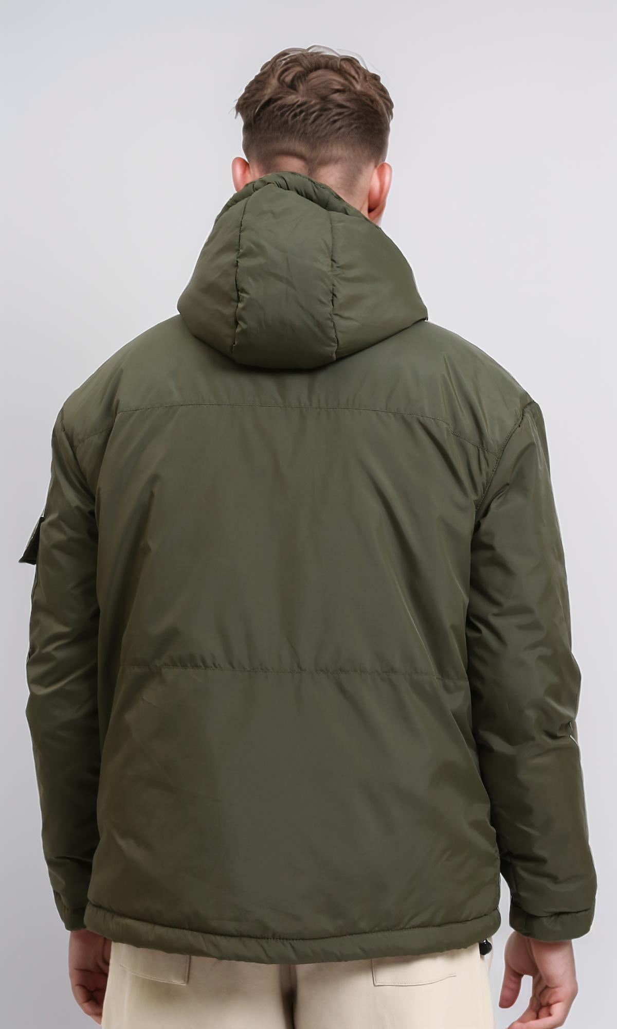 Dark Army Hooded Bomber Jacket - Drawstring Polyester Coat for Men