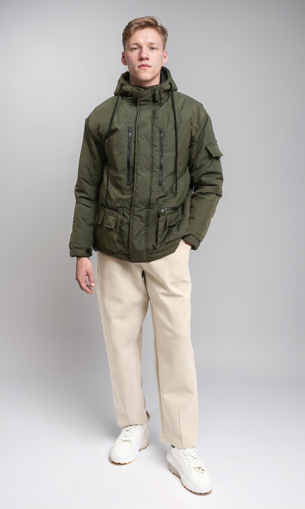 Dark Army Hooded Bomber Jacket - Drawstring Polyester Coat for Men