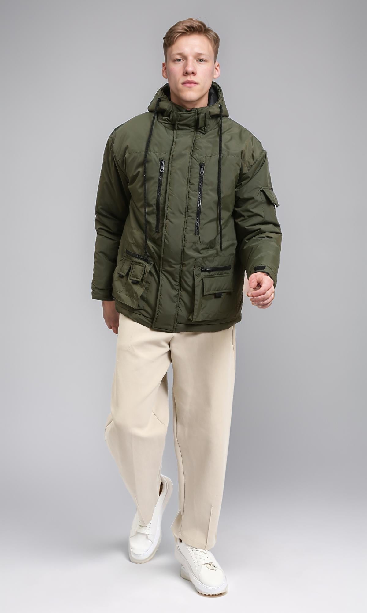 Dark Army Hooded Bomber Jacket - Drawstring Polyester Coat for Men