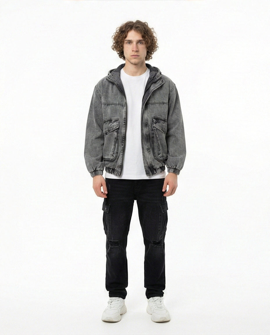 Acid Wash Denim Bomber Jacket with Hood