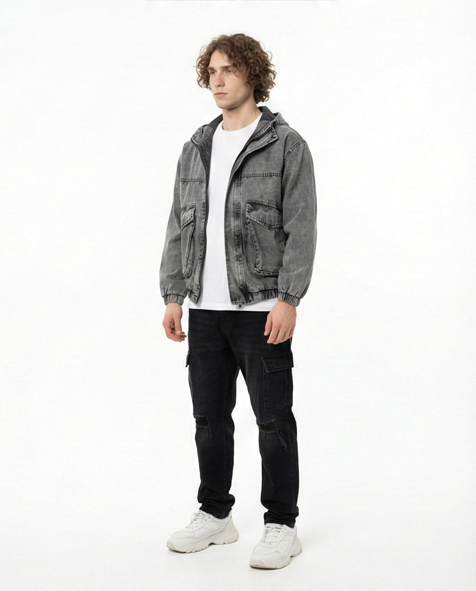 Acid Wash Denim Bomber Jacket with Hood