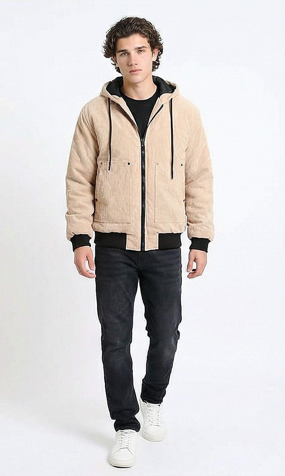 R212167 - Drawstring Hooded Neck Corduroy Jacket - Nude