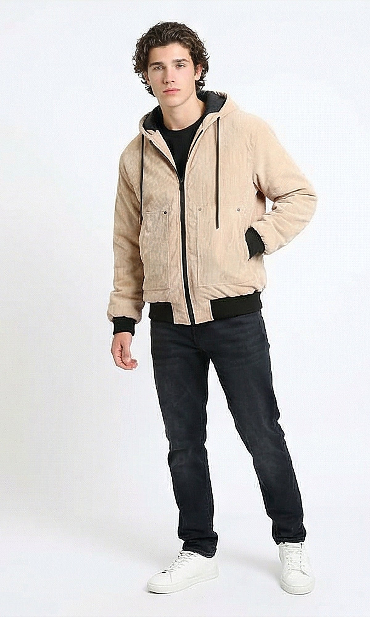 R212167 - Drawstring Hooded Neck Corduroy Jacket - Nude