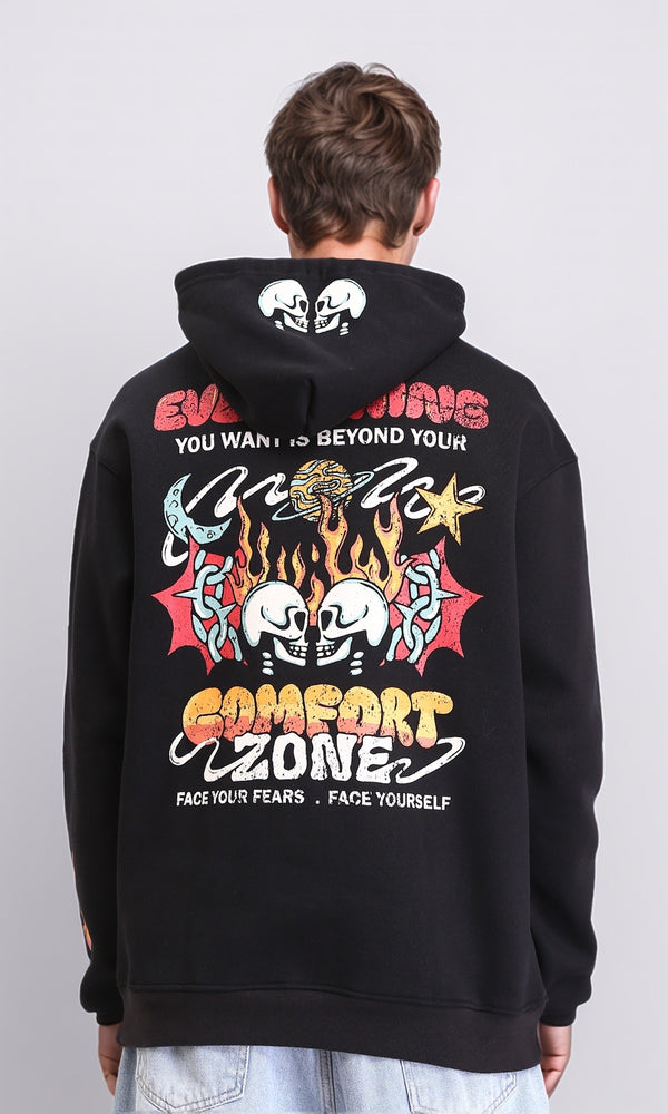 R212177 - Printed "Comfort Zone" Slip On Hoodie - Black
