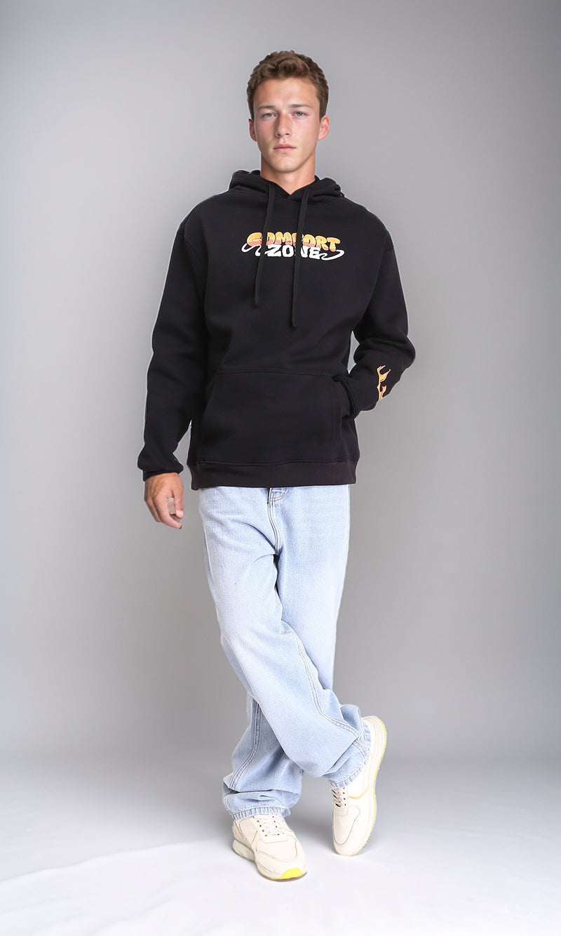 R212177 - Printed "Comfort Zone" Slip On Hoodie - Black