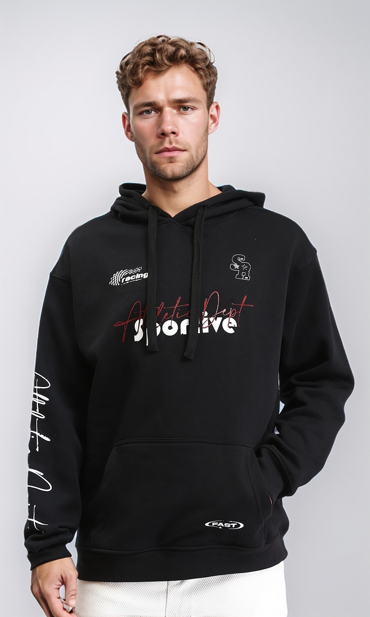 Winter Printed Hoodie with Kangaroo Pocket - Black