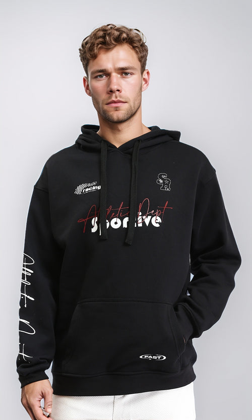 Winter Printed Hoodie with Kangaroo Pocket - Black