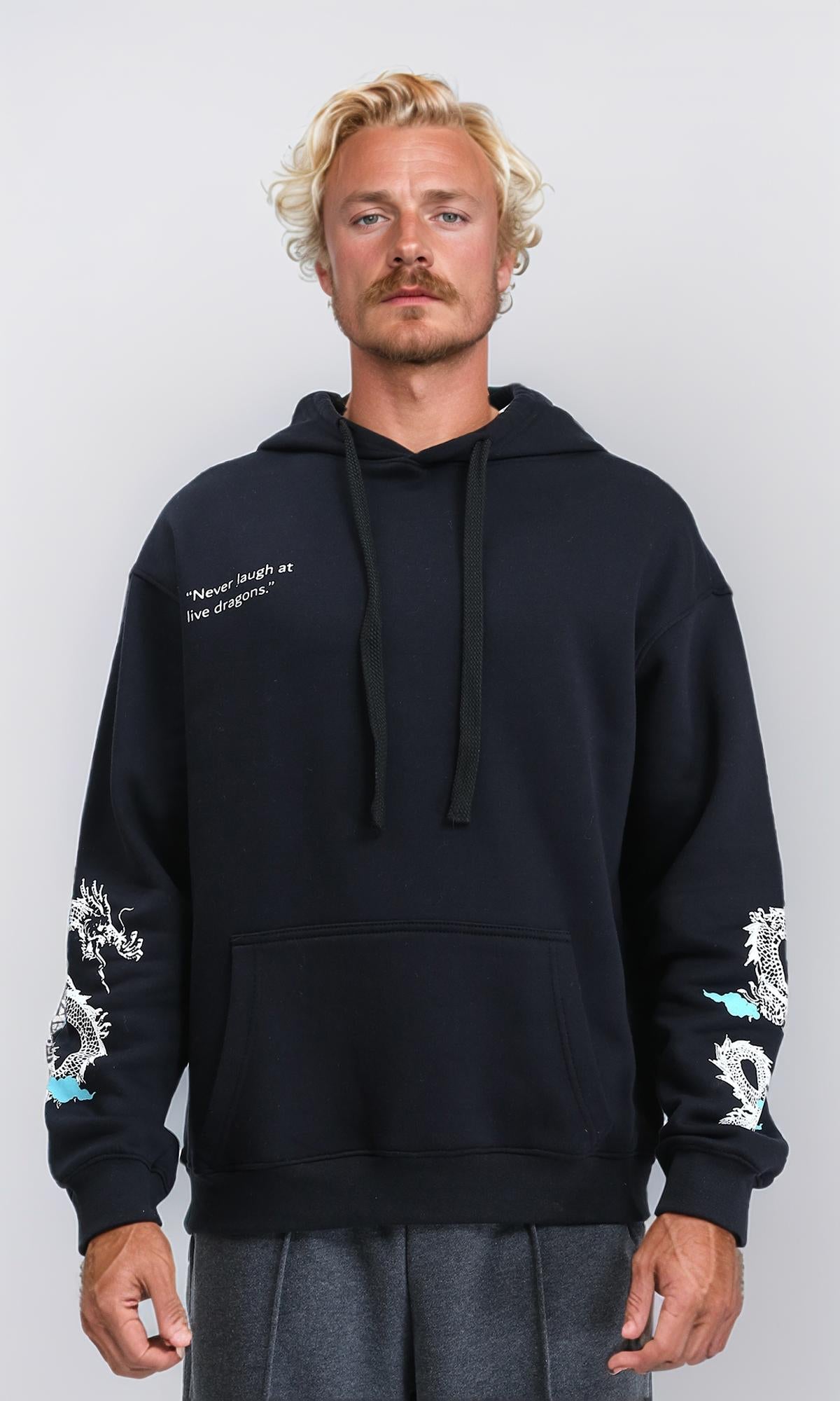 Printed Hoodie with Kangaroo Pocket - Black