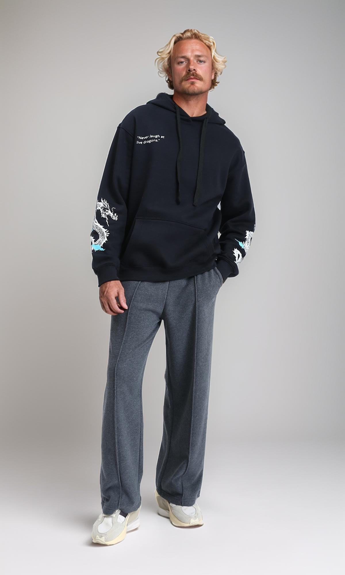 R212184 - Printed Hoodie with Kangaroo Pocket - Black