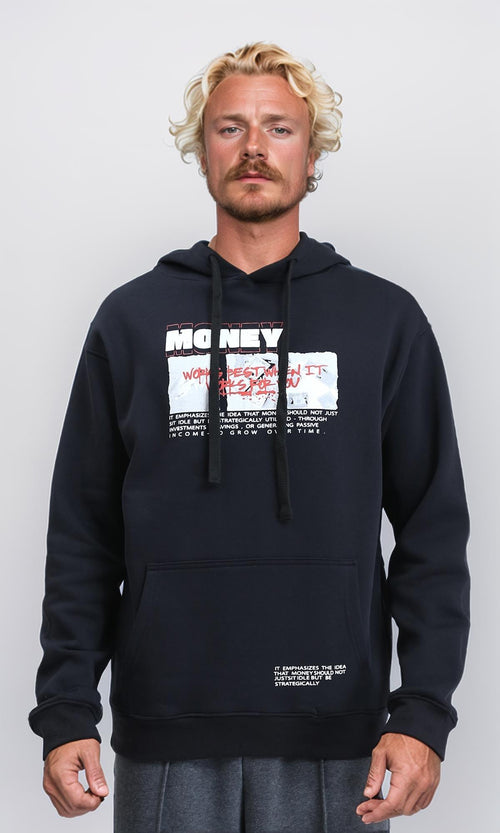 R212186 - Long Sleeves Casual Hoodie with Front Print - Black