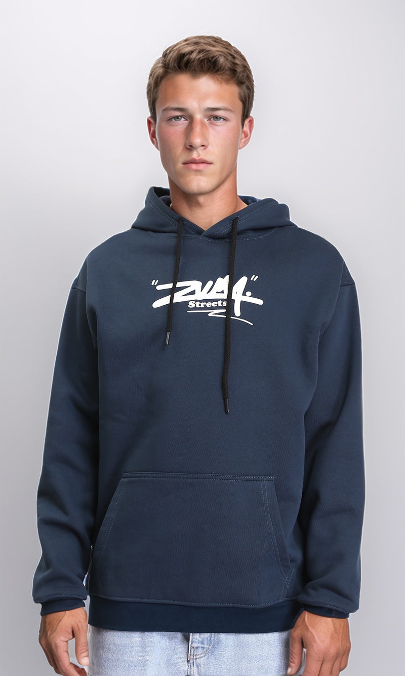 R212189 - Long Sleeves Printed Slip On Hoodie - Dark Navy Blue