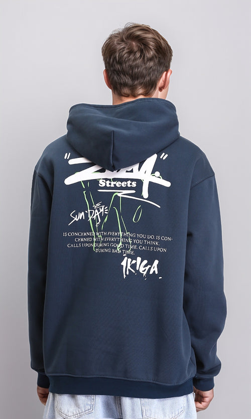 R212189 - Long Sleeves Printed Slip On Hoodie - Dark Navy Blue