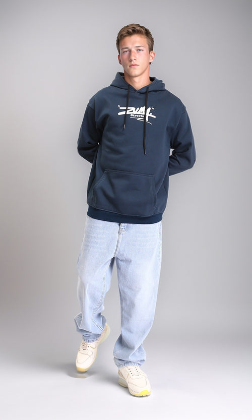 R212189 - Long Sleeves Printed Slip On Hoodie - Dark Navy Blue