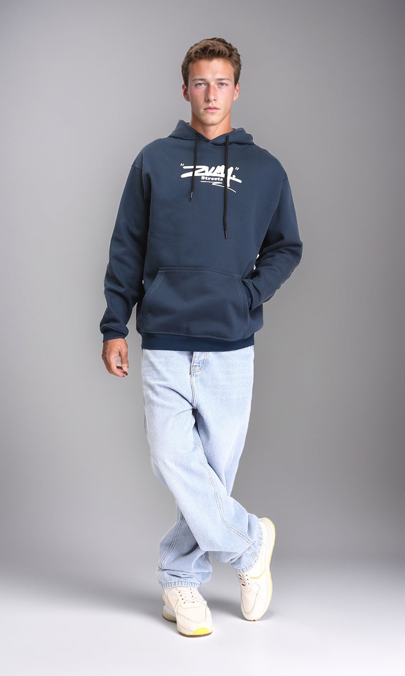 R212189 - Long Sleeves Printed Slip On Hoodie - Dark Navy Blue